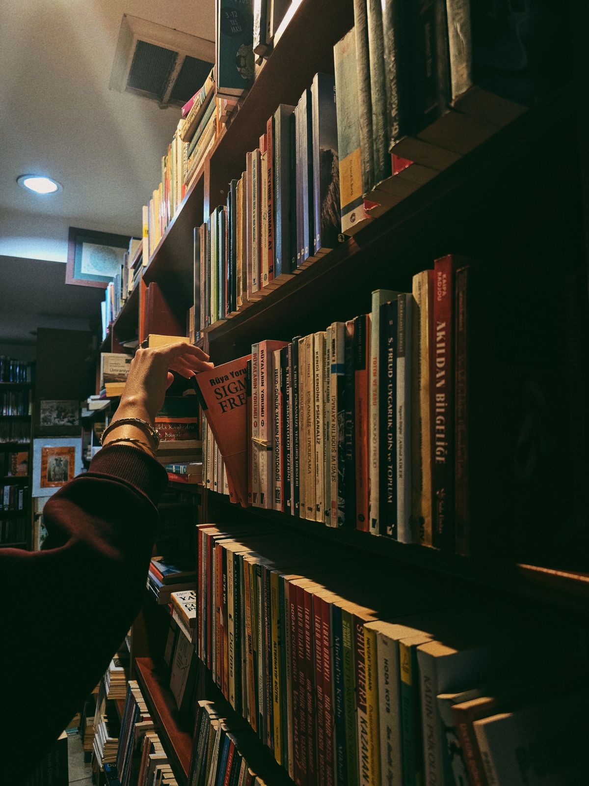 A customer browsing the shelves of an independent bookstore