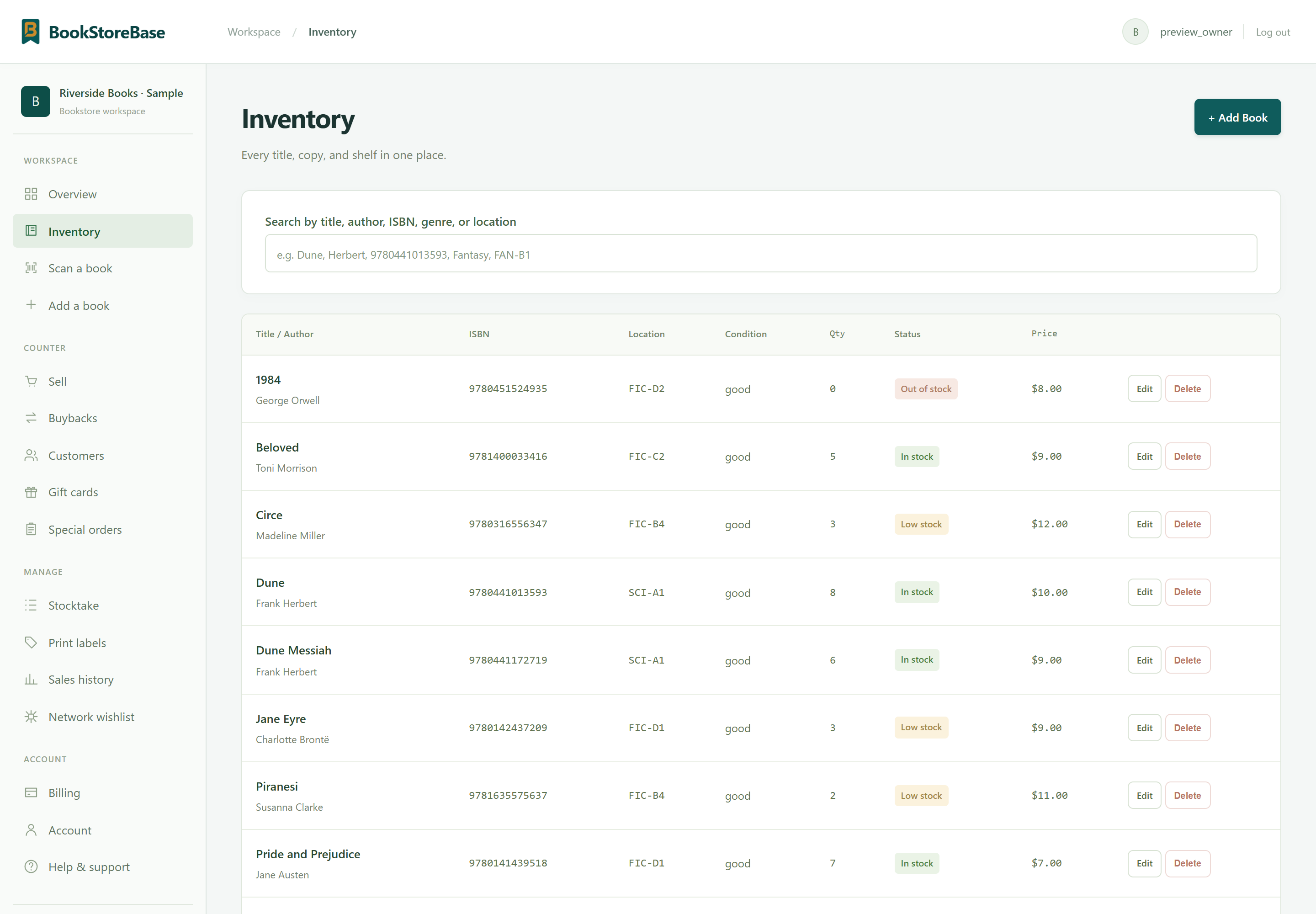 BookStoreBase inventory screen showing sample titles, shelf locations, condition, quantities, and prices